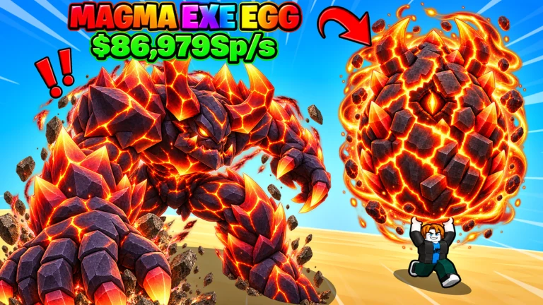 Official Magma EXE Egg cover with a giant lava-rock guardian and a glowing lava egg
