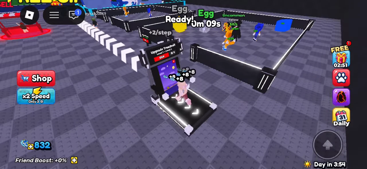 A treadmill training screen with an Uncommon Yellow pet displaying 8 cash per second in the background