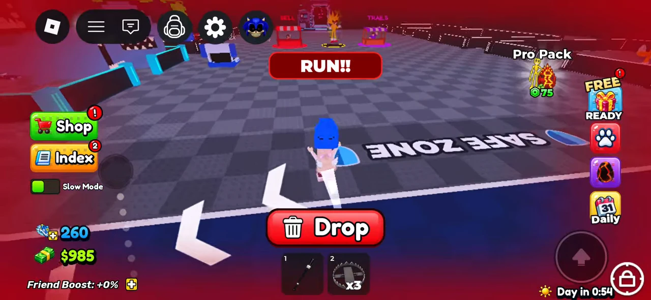 A carried blue egg with RUN banner, Drop button, white arrows and SAFE ZONE ground lettering