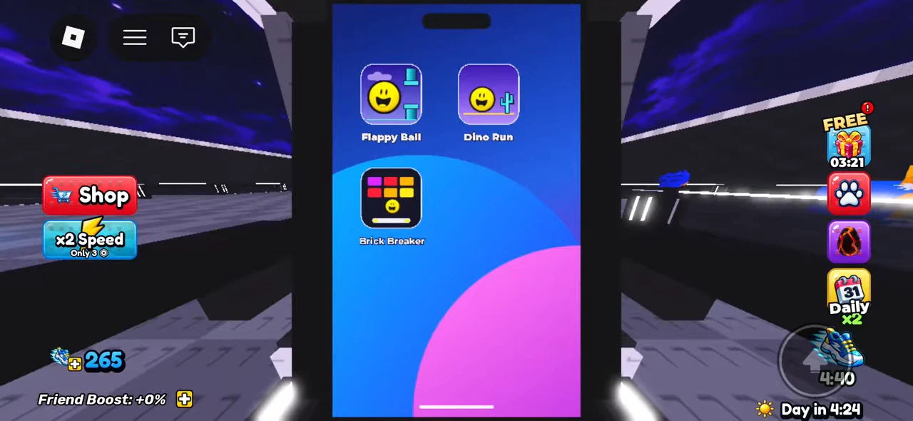 Training phone menu listing Flappy Ball, Dino Run and Brick Breaker